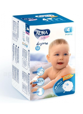 Аура baby diapers подгузники детские (р-р 4) 7-14кг N 12 оптом