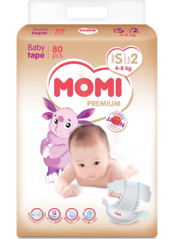 Японские подгузники Momi Premium р.S 4-8кг N 80
