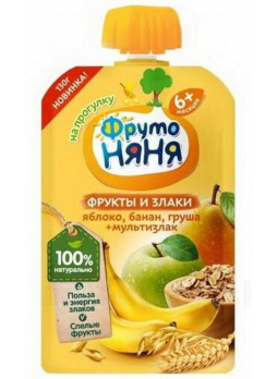 ФрутоНяня пюре на прогулку яблоко/банан/груша/мультизлак мягкая упак 130г 6+мес N 1