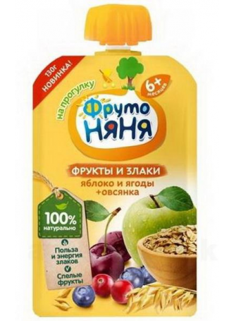 ФрутоНяня пюре на прогулку яблоко/ягоды/овсянка мягкая упак 130г 6+мес N 1