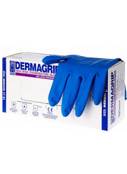 DERMAGRIP HIGH RISK POWDER FREE Перчатки повышенной прочности смотровые латексные нестерильные неопудренные с удлиненной манжетой 300 мм текстура на пальцах,синего цвета оптом
